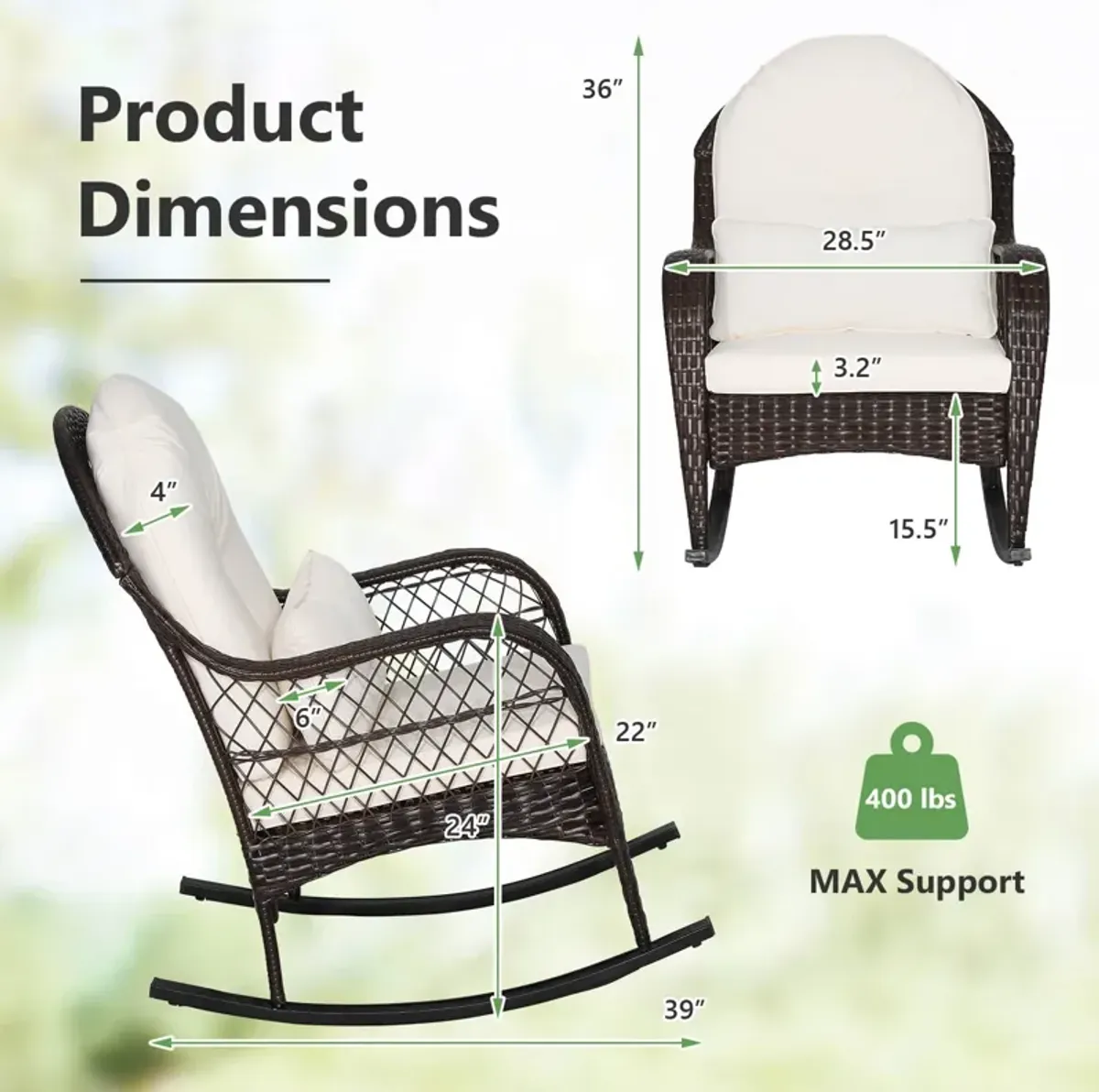 Patio Rattan Rocking Chair with Seat Back Cushions and Waist Pillow