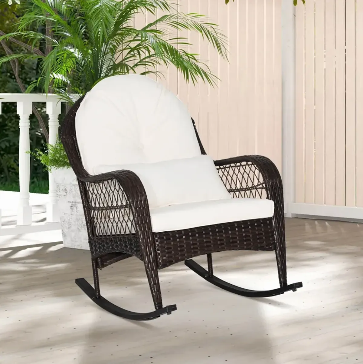 Patio Rattan Rocking Chair with Seat Back Cushions and Waist Pillow