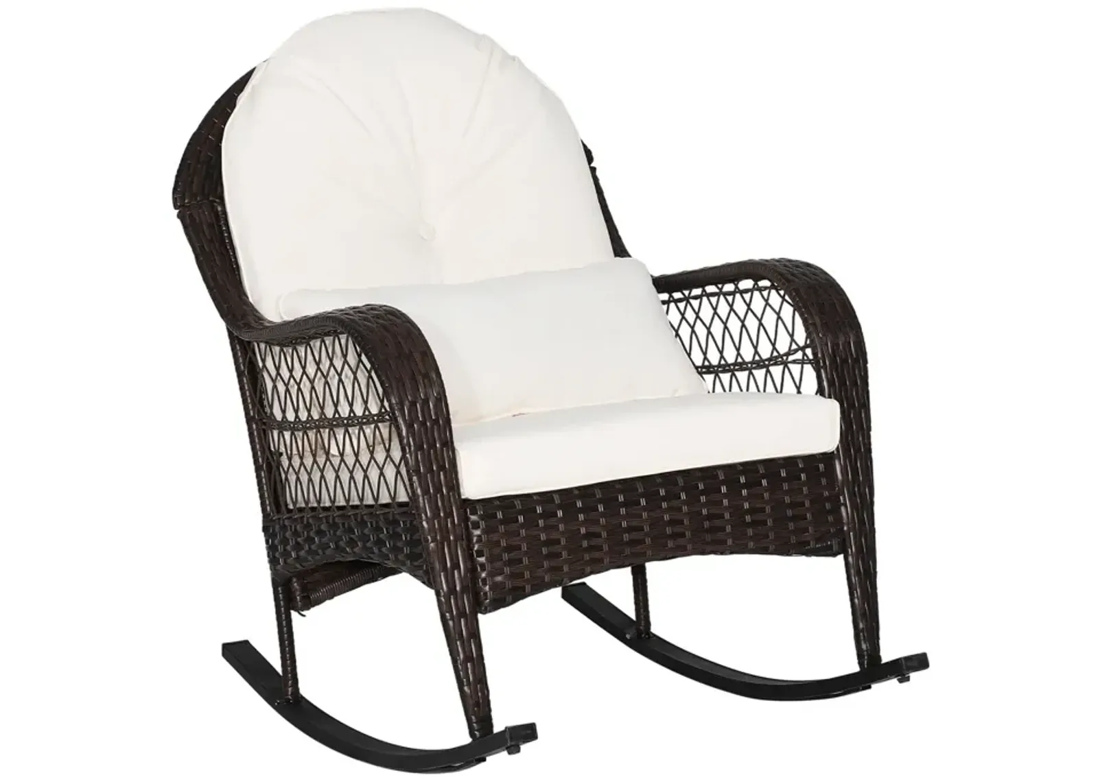 Patio Rattan Rocking Chair with Seat Back Cushions and Waist Pillow