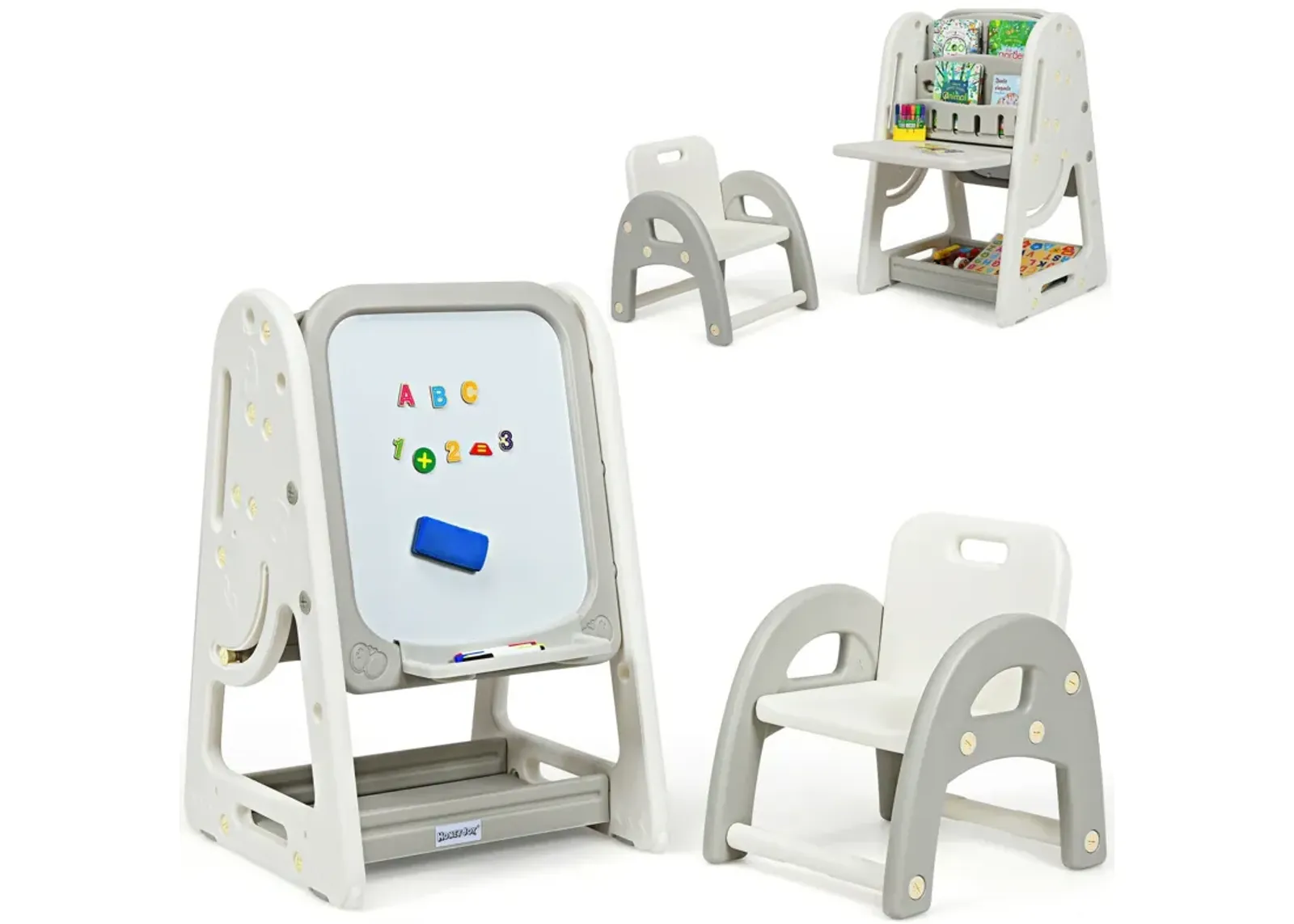 2-in-1 Kids Easel Desk Chair Set Book Rack Adjustable Art Painting Board