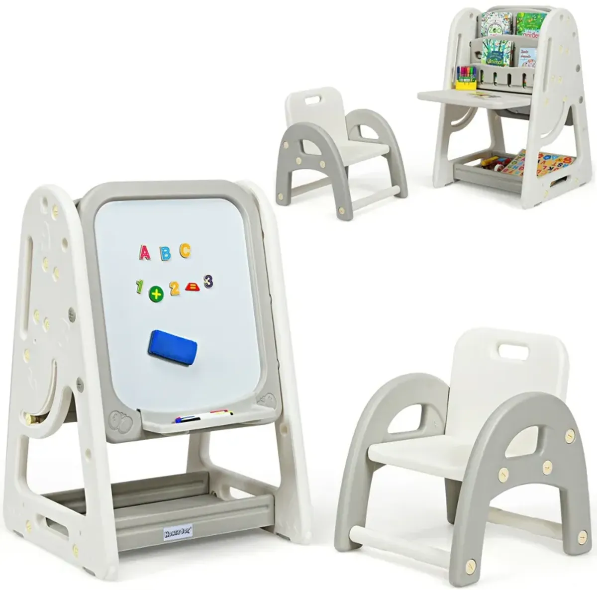 2-in-1 Kids Easel Desk Chair Set Book Rack Adjustable Art Painting Board