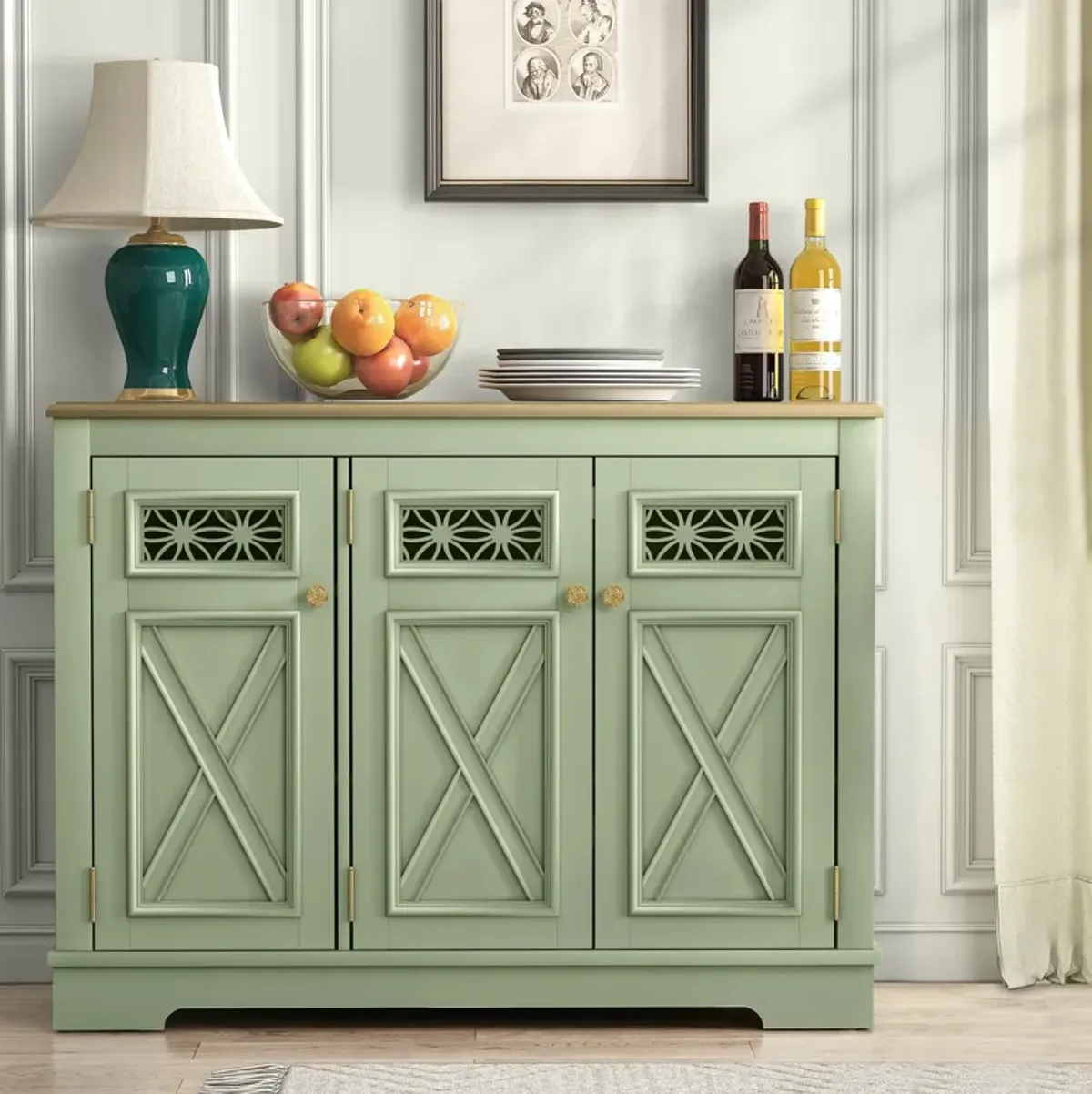FESTIVO 44.5" Farmhouse Sideboard Buffet Cabinet with 3 Patterned Glass Doors