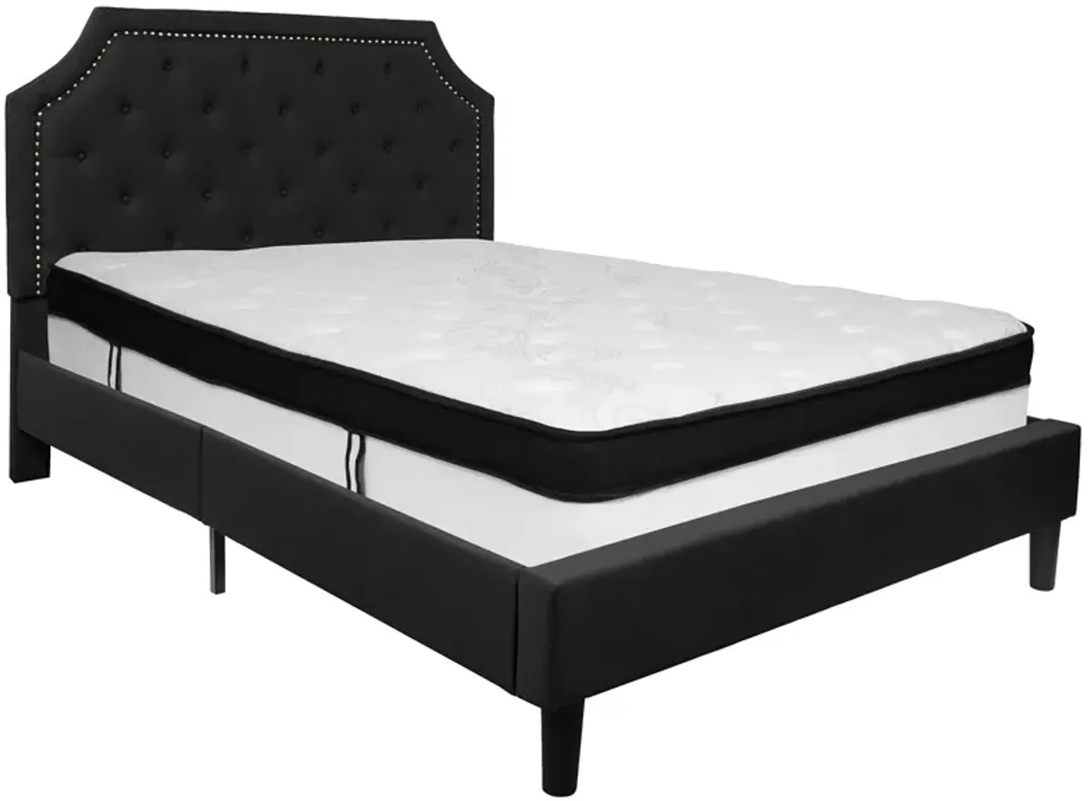 Brighton Queen Size Tufted Upholstered Platform Bed in Black Fabric with Memory Foam Mattress