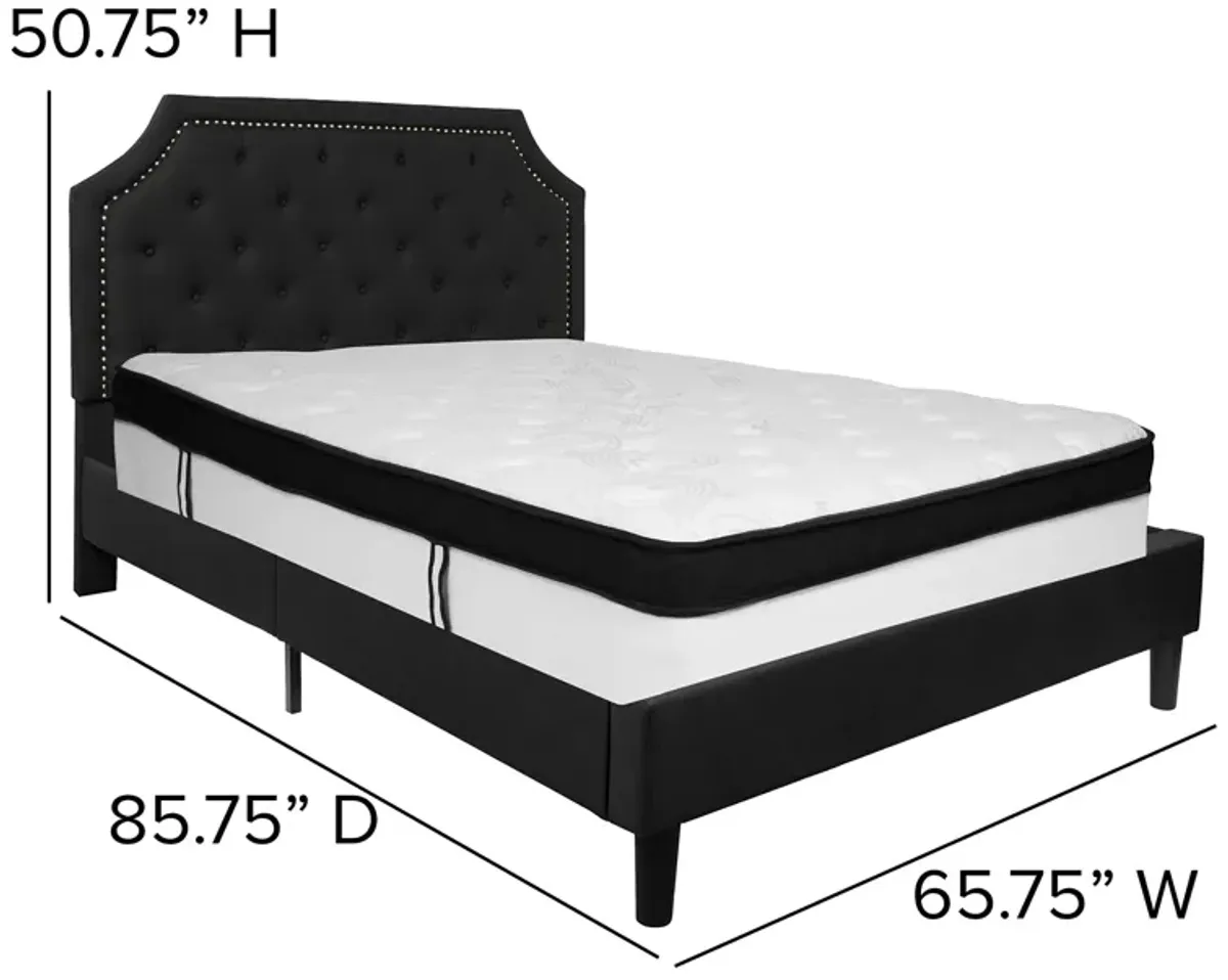 Brighton Queen Size Tufted Upholstered Platform Bed in Black Fabric with Memory Foam Mattress