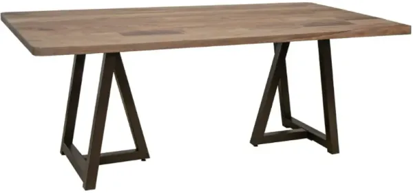 Umey Dining Table, 79 Inch Brown Parota Wood Top, Black Iron Base - Benzara