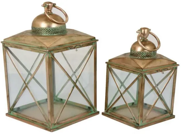 20 Inch Decorative Lantern Set of 2, Glass Panel, Cross Metal Frame, Gold - Benzara