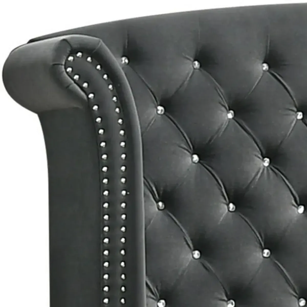 Giya Wingback Queen Bed, Tufted Headboard, Nailed Gray Velvet Upholstery - Benzara