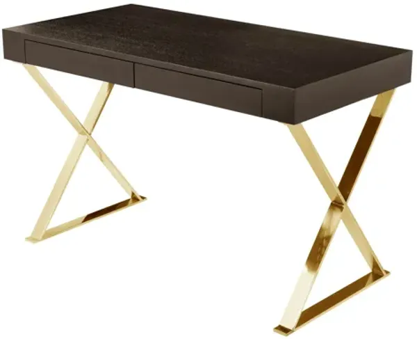 Ada Office Desk, 2 Drawers, Espresso Brown, Gold X Steel Legs, 47 Inch - Benzara