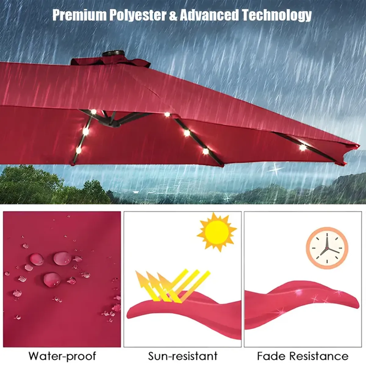 15 Ft Solar LED Patio Double-sided Umbrella Market Umbrella with Weight Base