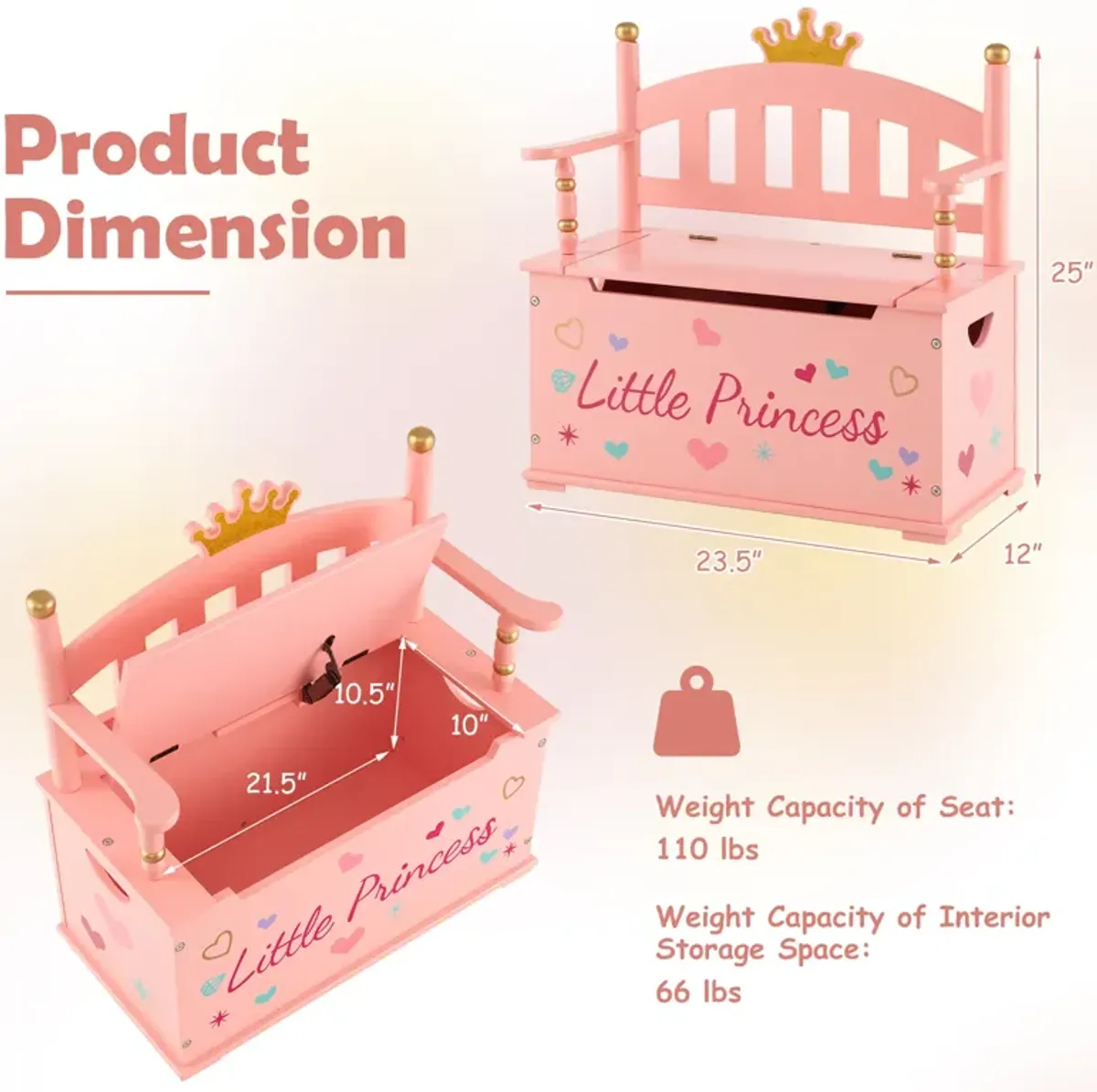 2-In-1 Kids Princess Wooden Toy Box with Safe Hinged Lid-Pink