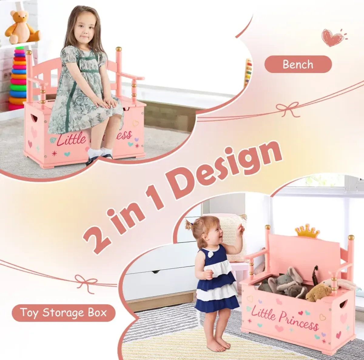 2-In-1 Kids Princess Wooden Toy Box with Safe Hinged Lid-Pink