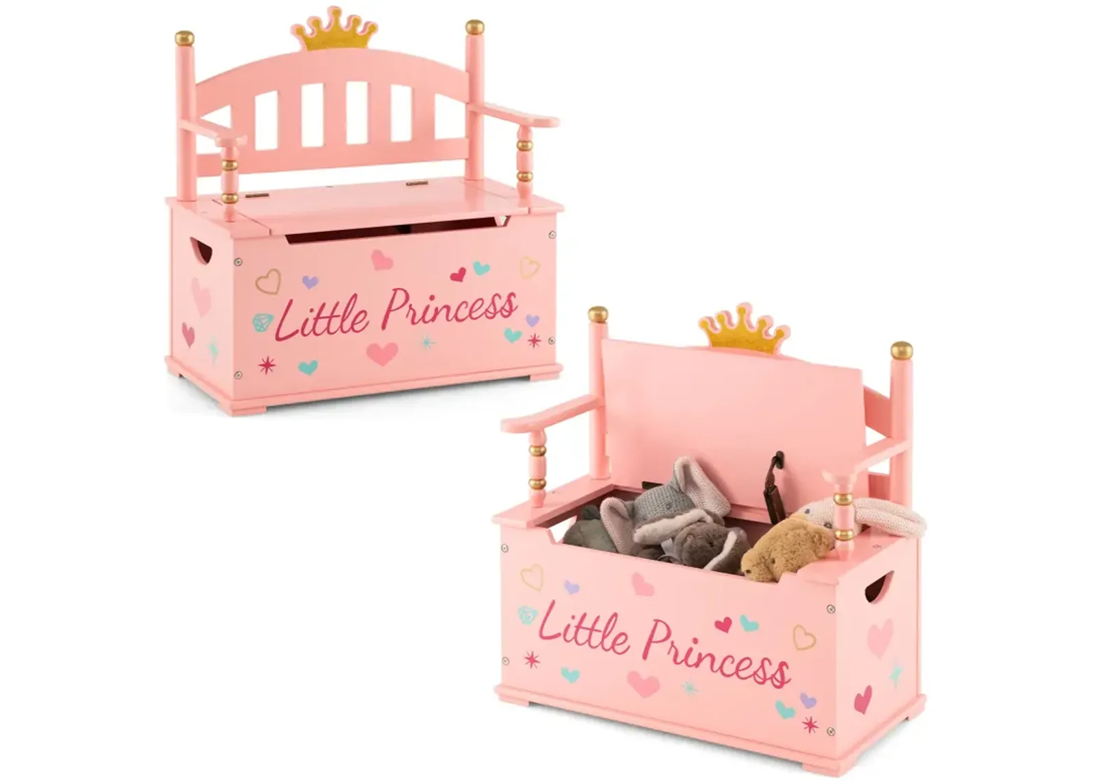 2-In-1 Kids Princess Wooden Toy Box with Safe Hinged Lid-Pink