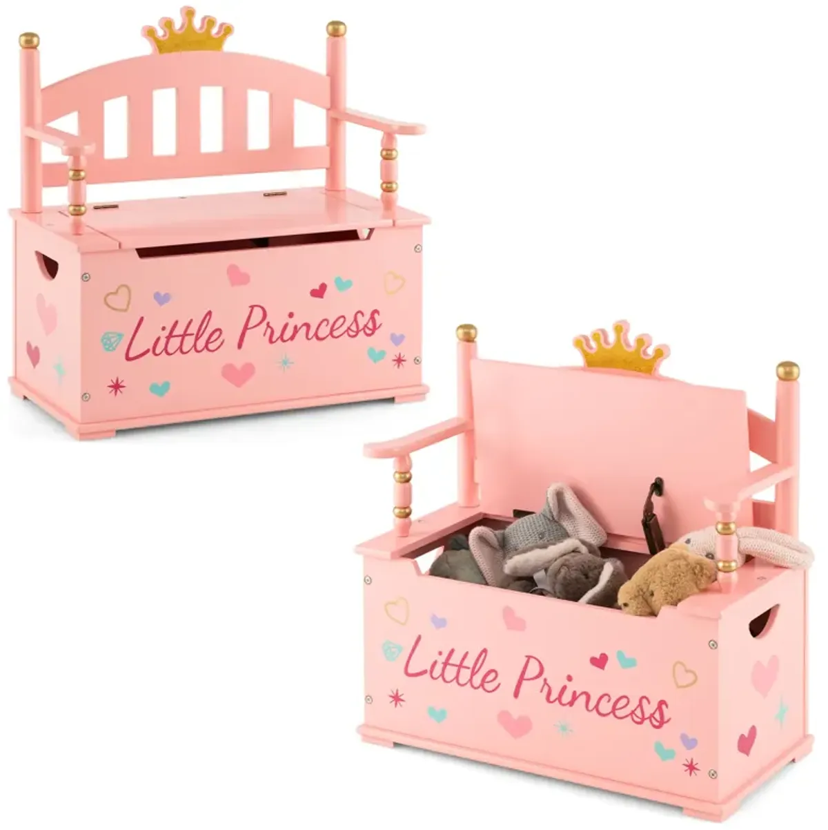 2-In-1 Kids Princess Wooden Toy Box with Safe Hinged Lid-Pink