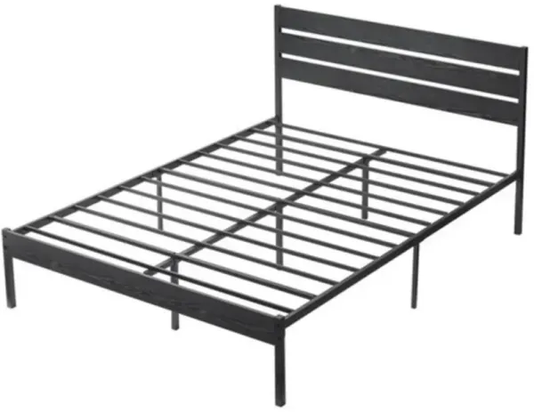 Iron and Wood Industrial Platform Bed – Slatted Wood Headboard with Strong Support Frame