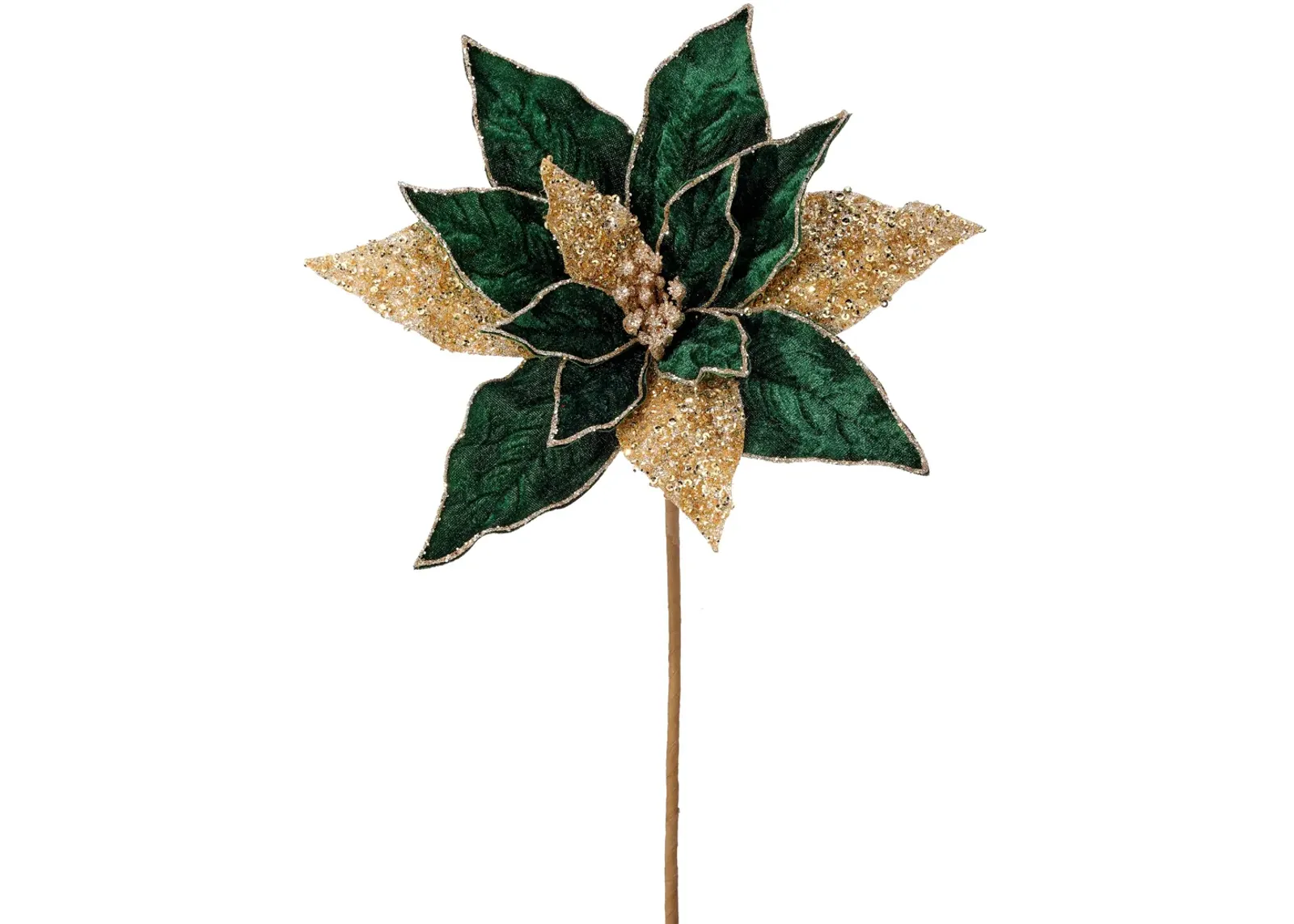 24" Green and Gold Velvet Poinsettia Stem with Glitter (3 PCS)- Elegant Christmas Floral Pick