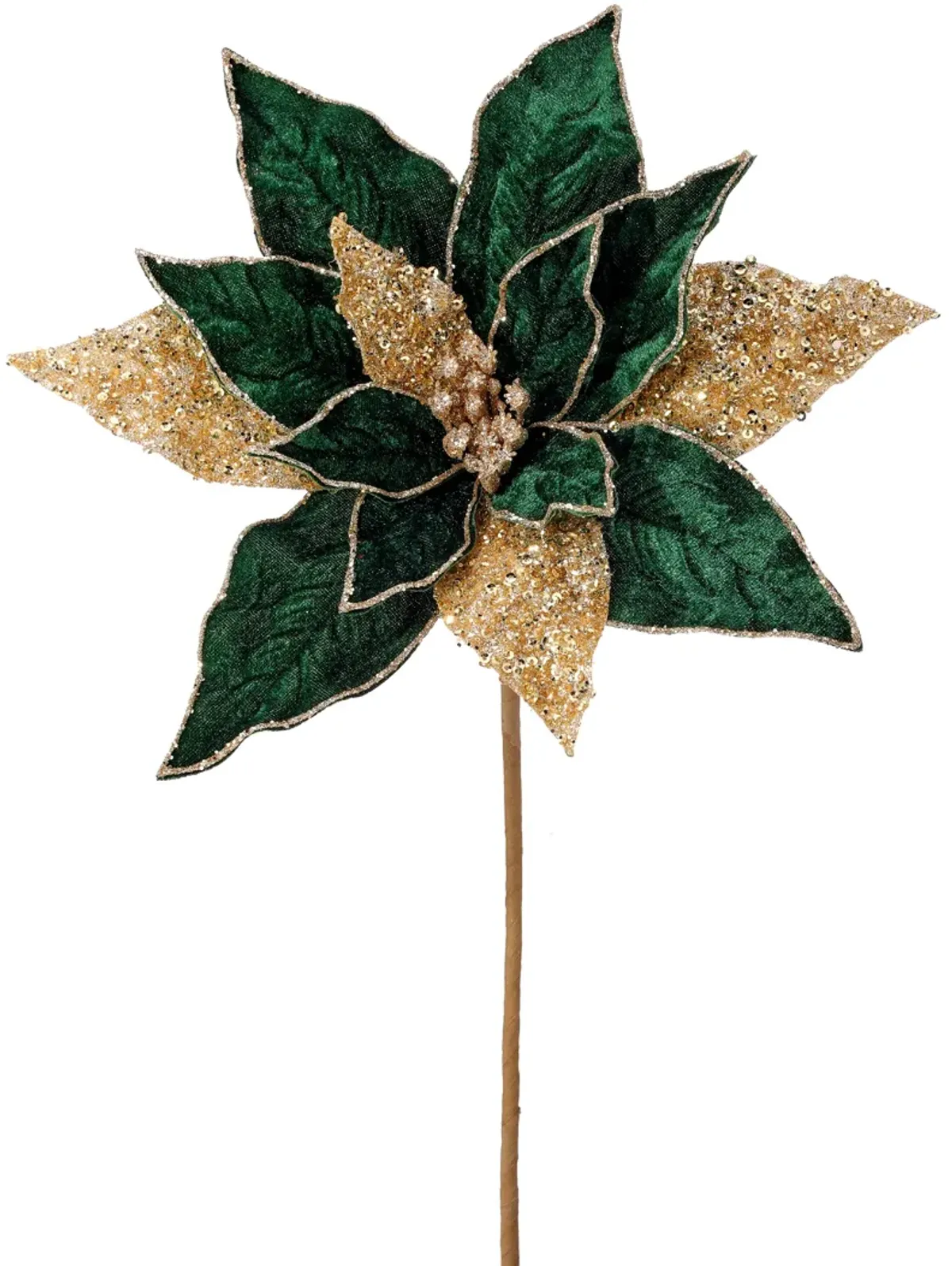 24" Green and Gold Velvet Poinsettia Stem with Glitter (3 PCS)- Elegant Christmas Floral Pick