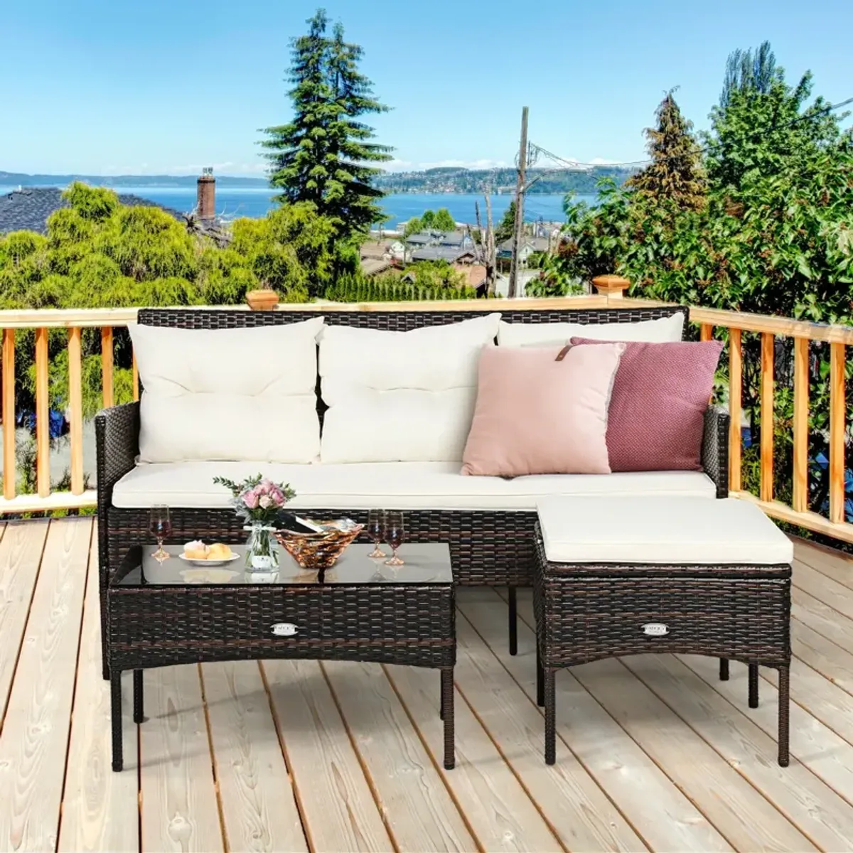 3 Pieces Patio Furniture Conversation Sets with 5 Cozy Cushions