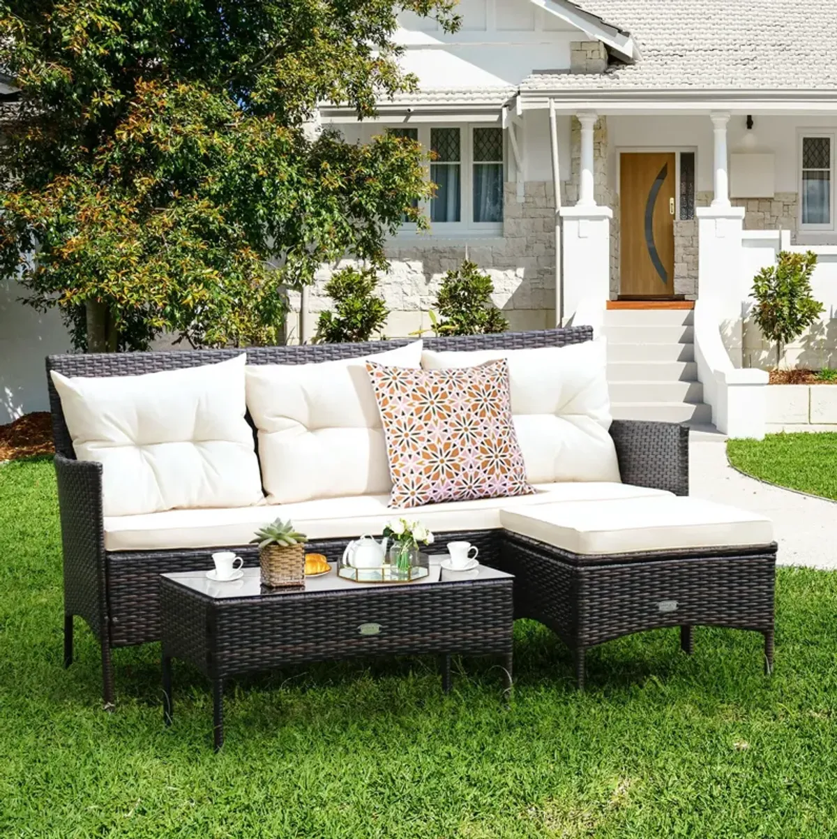 3 Pieces Patio Furniture Conversation Sets with 5 Cozy Cushions