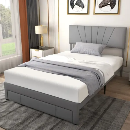 Full/Queen Size Upholstered Bed Frame with Drawer and Adjustable Headboard
