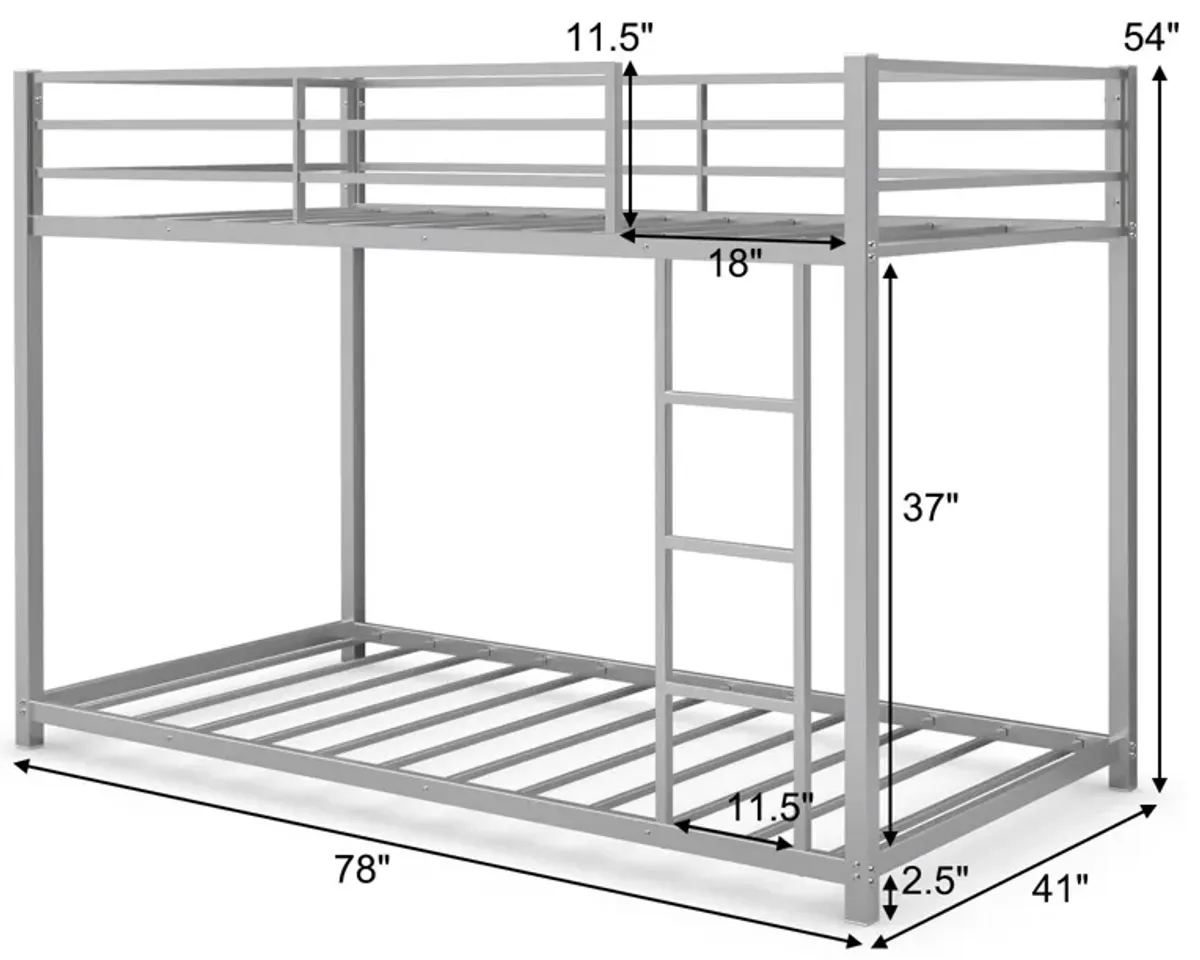 Sturdy Metal Bunk Bed Frame Twin Over Twin with Safety Guard Rails and Side Ladder