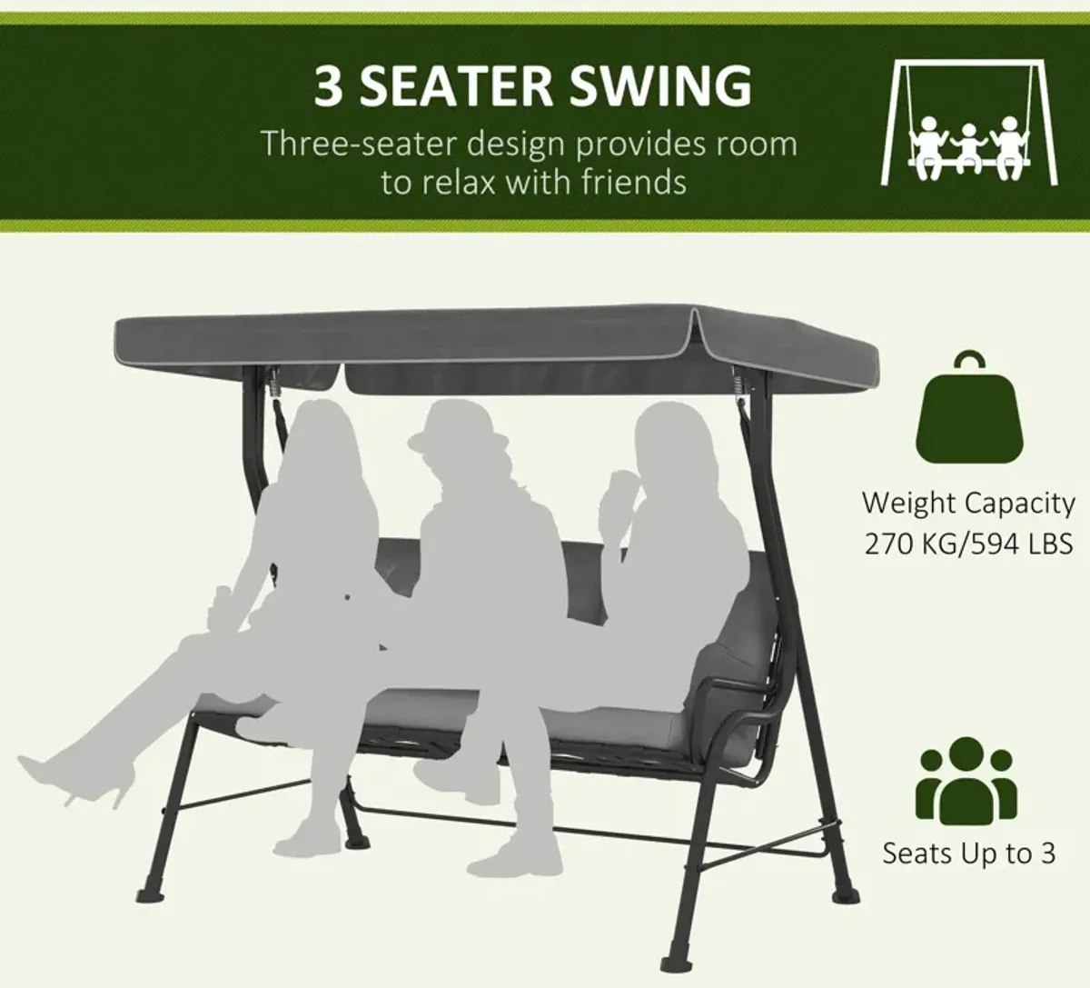 Grey Garden Seating: 3-Seat Patio Swing with Adjustable Canopy