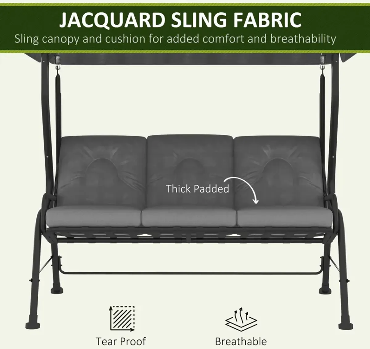 Grey Garden Seating: 3-Seat Patio Swing with Adjustable Canopy