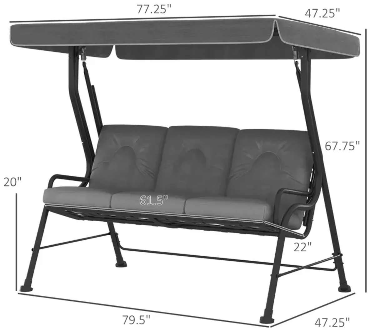 Grey Garden Seating: 3-Seat Patio Swing with Adjustable Canopy