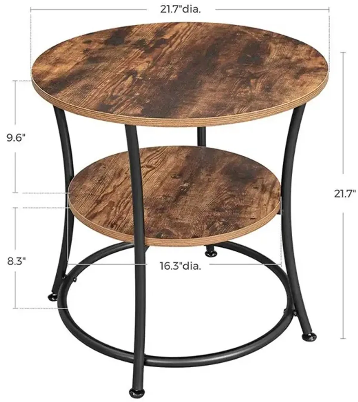 Round Side Table with 2 Shelves – Metal End Table for Living Room and Bedroom