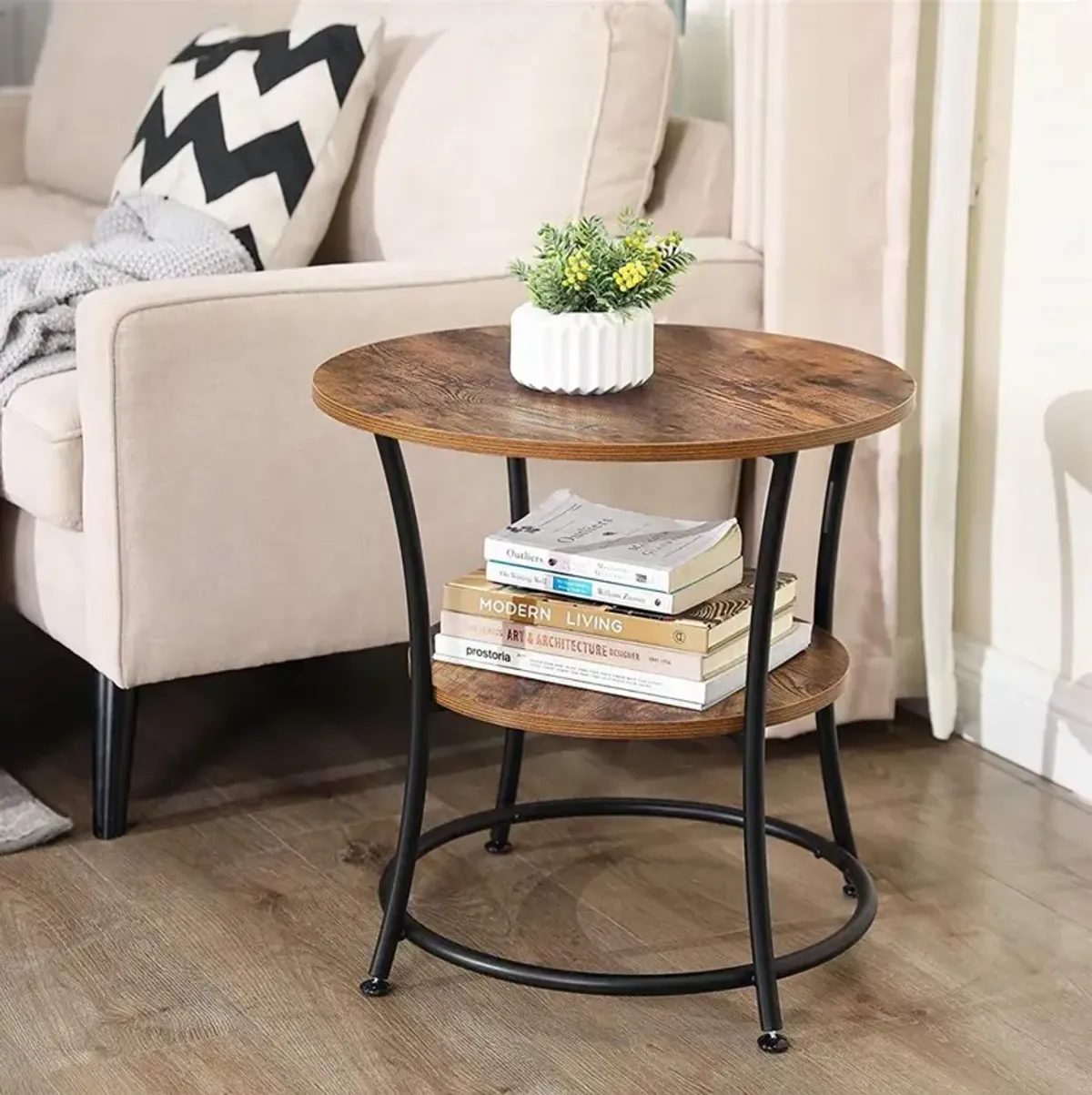 Round Side Table with 2 Shelves – Metal End Table for Living Room and Bedroom