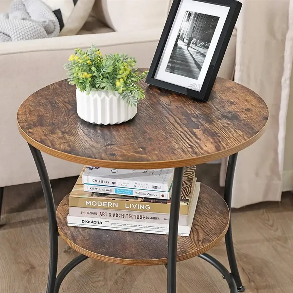 Round Side Table with 2 Shelves – Metal End Table for Living Room and Bedroom