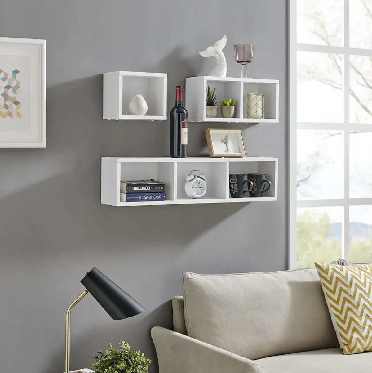 Bauhaus Floating Geometric Modular Cubby Wall Shelves - Set of 3 Sizes