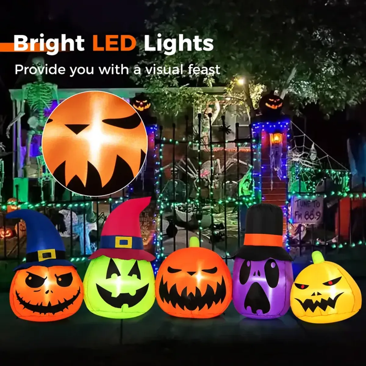 9 Feet Inflatable Pumpkin Patch Family with Built-in LED Lights and Witch Hats