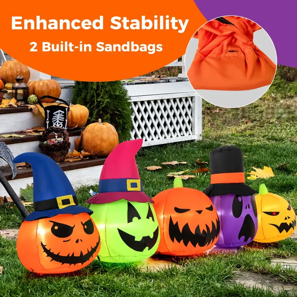 9 Feet Inflatable Pumpkin Patch Family with Built-in LED Lights and Witch Hats