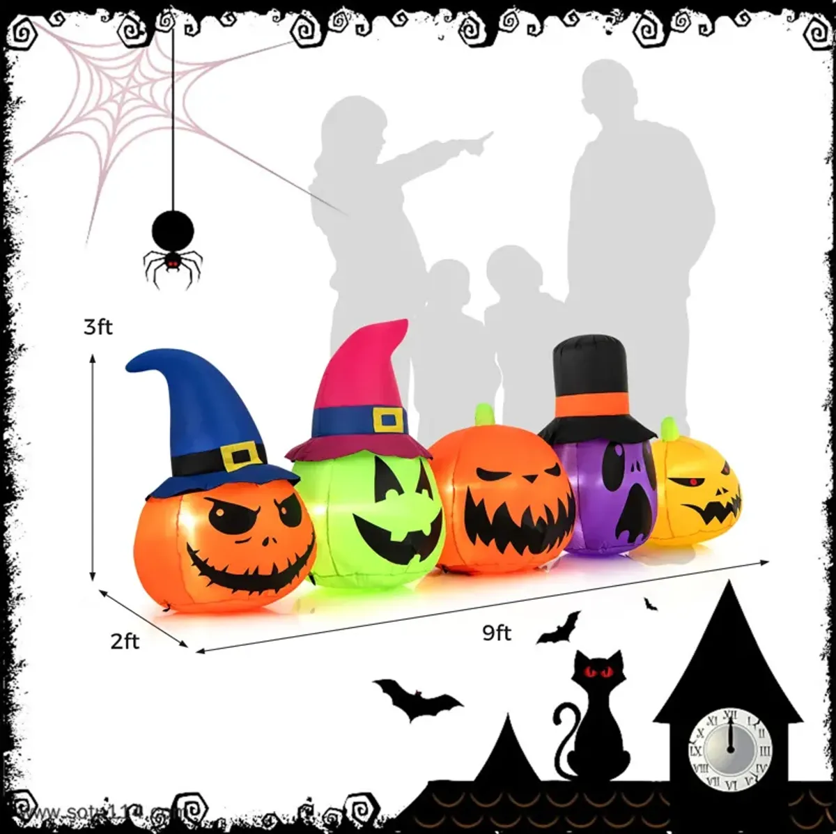 9 Feet Inflatable Pumpkin Patch Family with Built-in LED Lights and Witch Hats