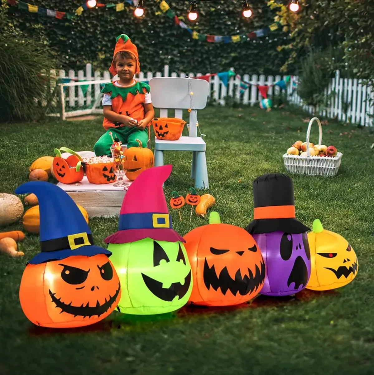 9 Feet Inflatable Pumpkin Patch Family with Built-in LED Lights and Witch Hats