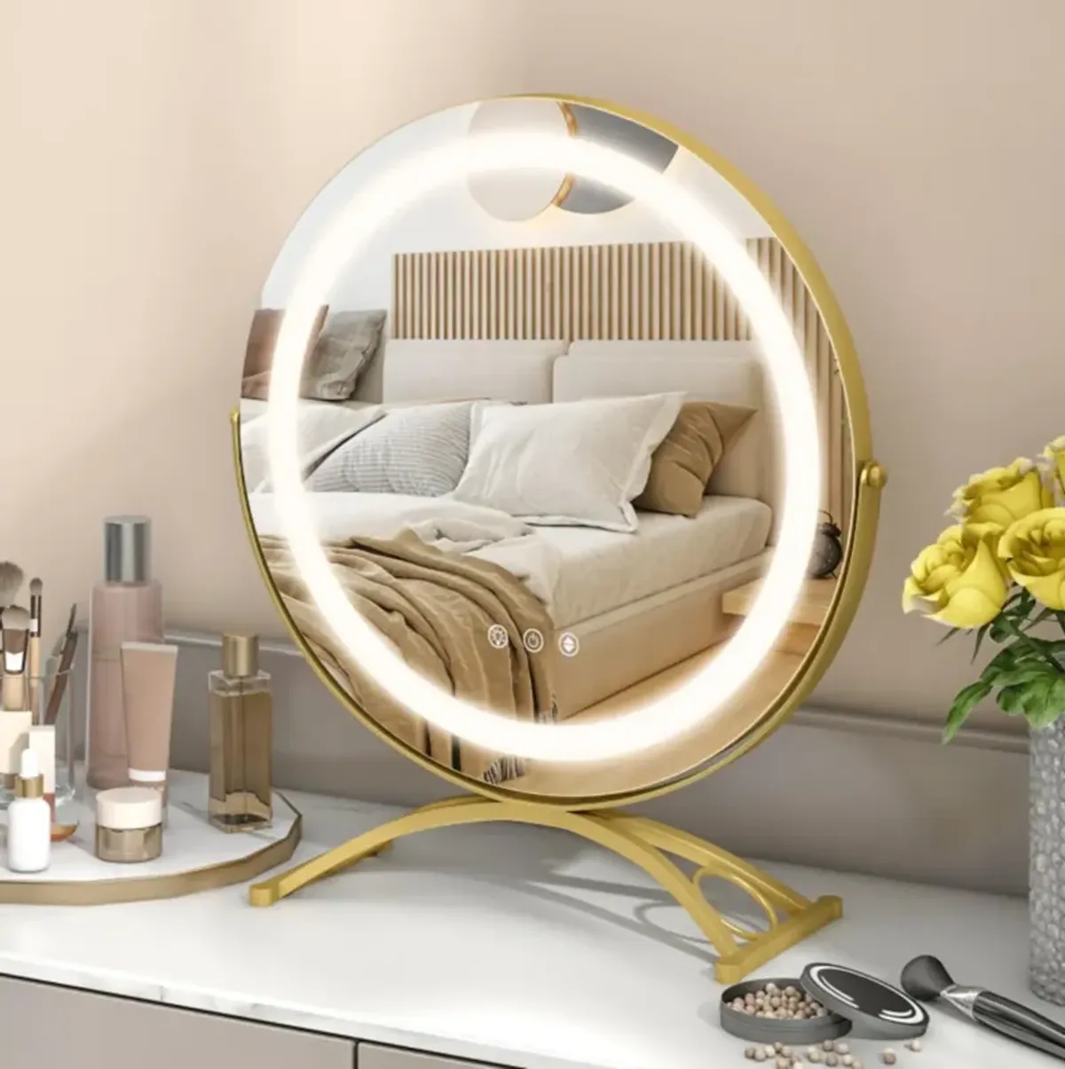 Hivvago 16 x 16 Inch Round LED Vanity Mirror with 3-Color Lighting and Brightness Dimming