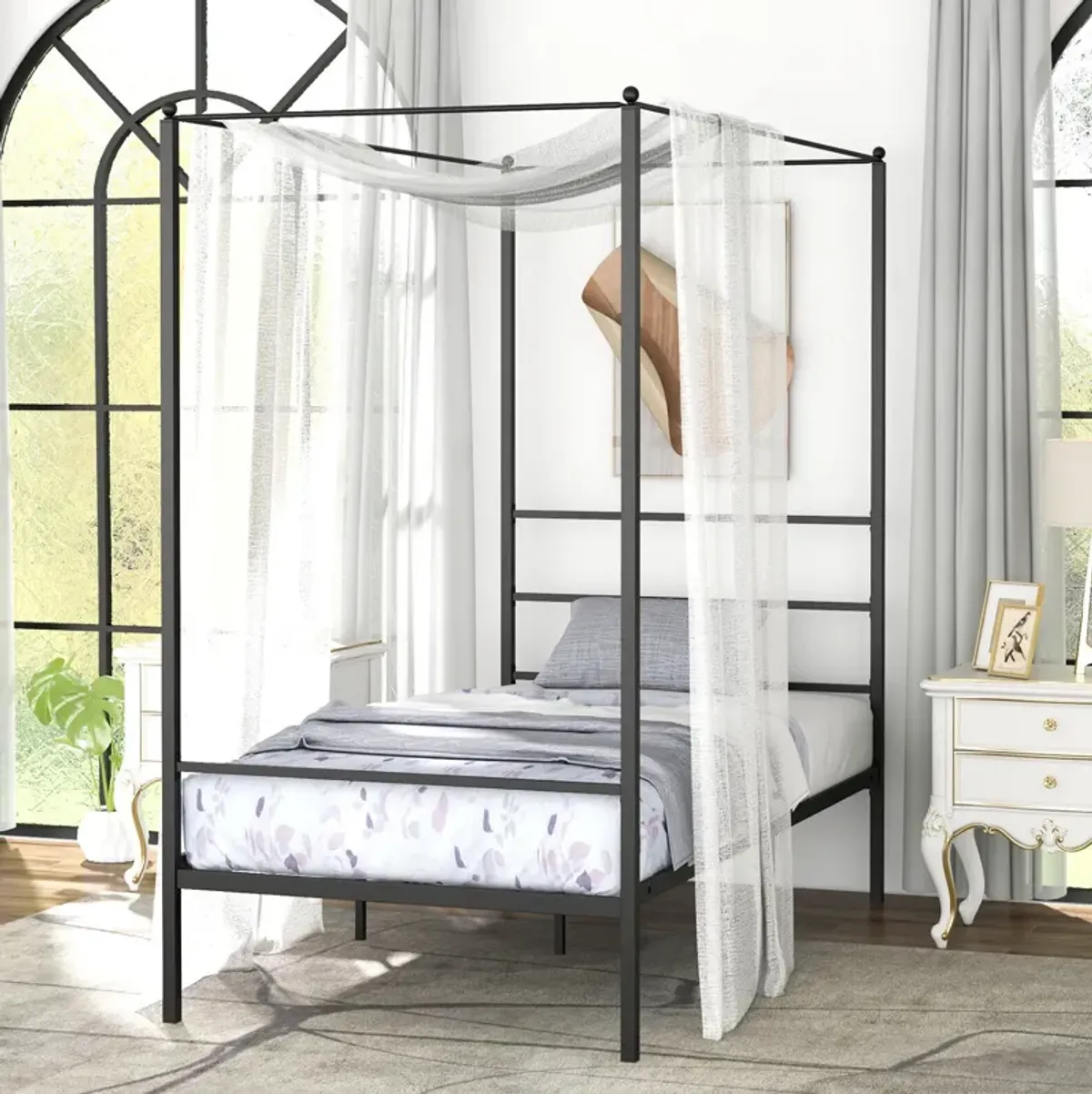 Queen Size Metal Canopy Bed Frame with Slat Support-Queen Size