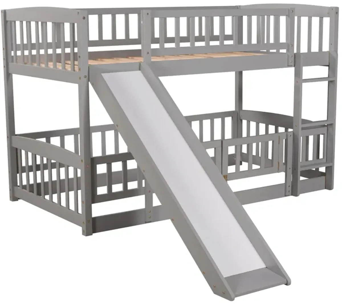 Bunk Bed with Slide, Twin Over Twin Low Bunk Bed with Fence and Ladder for Toddler Kids Teens White