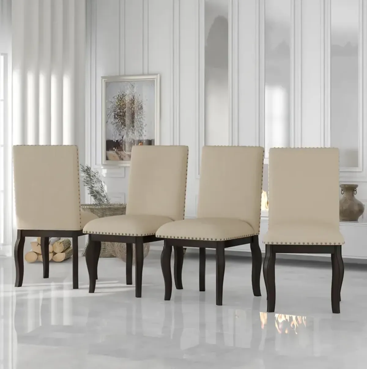 Set Of 4 Dining Chairs Wood Upholstered Fabirc Dining Room Chairs With Nailhead