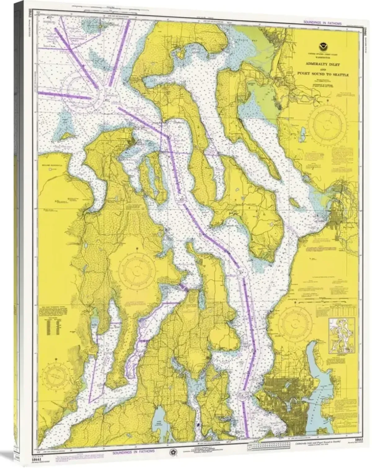Nautical Chart - Admiralty Inlet and Puget Sound to Seattle ca. 1975-Canvas Art-31.6x40