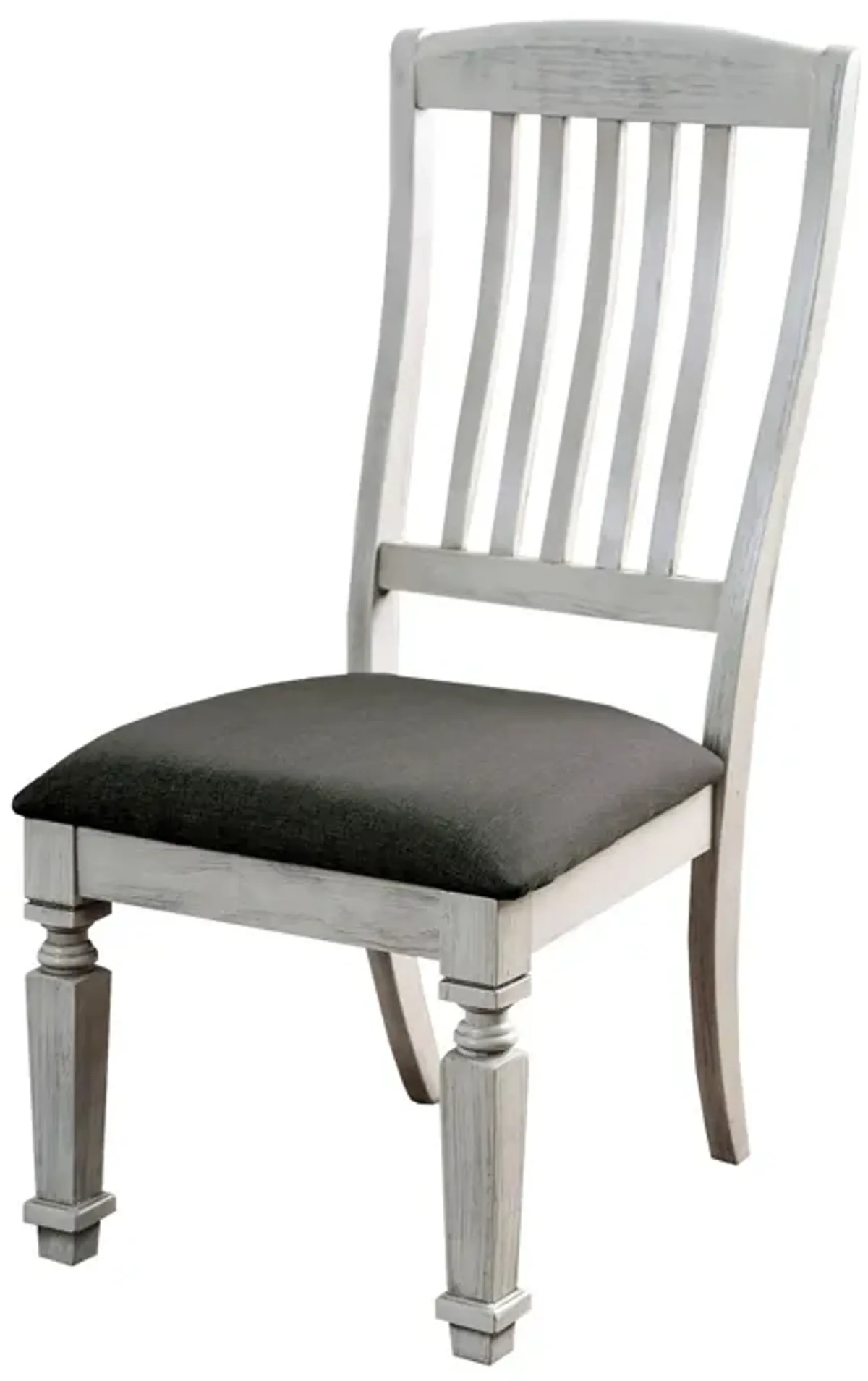 Wooden Side Chair with Fabric Upholstered Padded Seat, Pack of Two, Antique White and Gray-Benzara