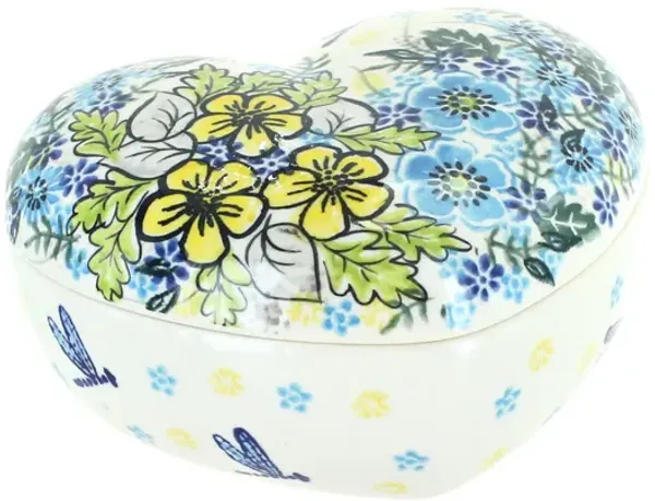 Blue Rose Polish Pottery Bluebird Garden Large Heart Box