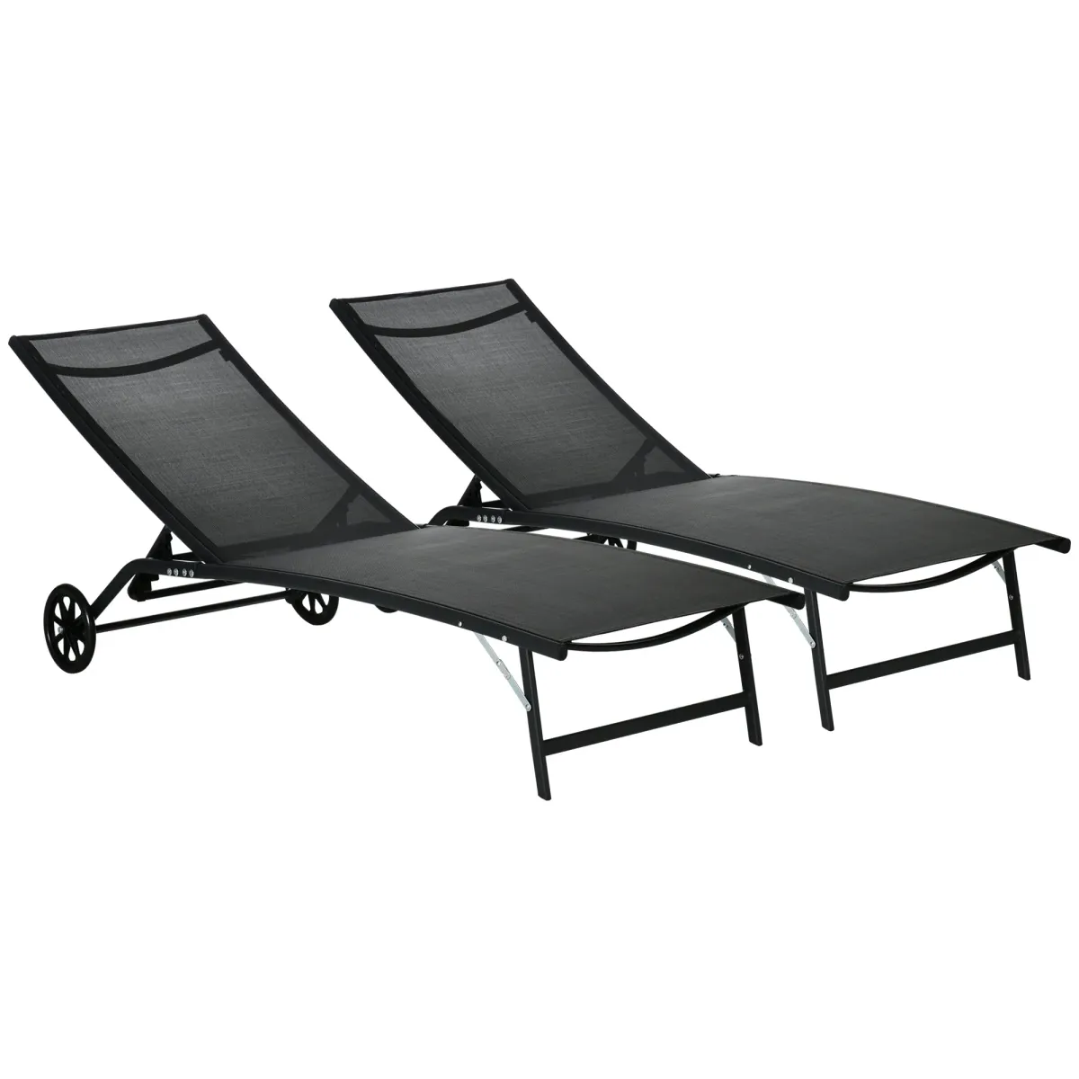 Black Outdoor Recliners: Set of 2 Patio Chaise Lounges with Wheels