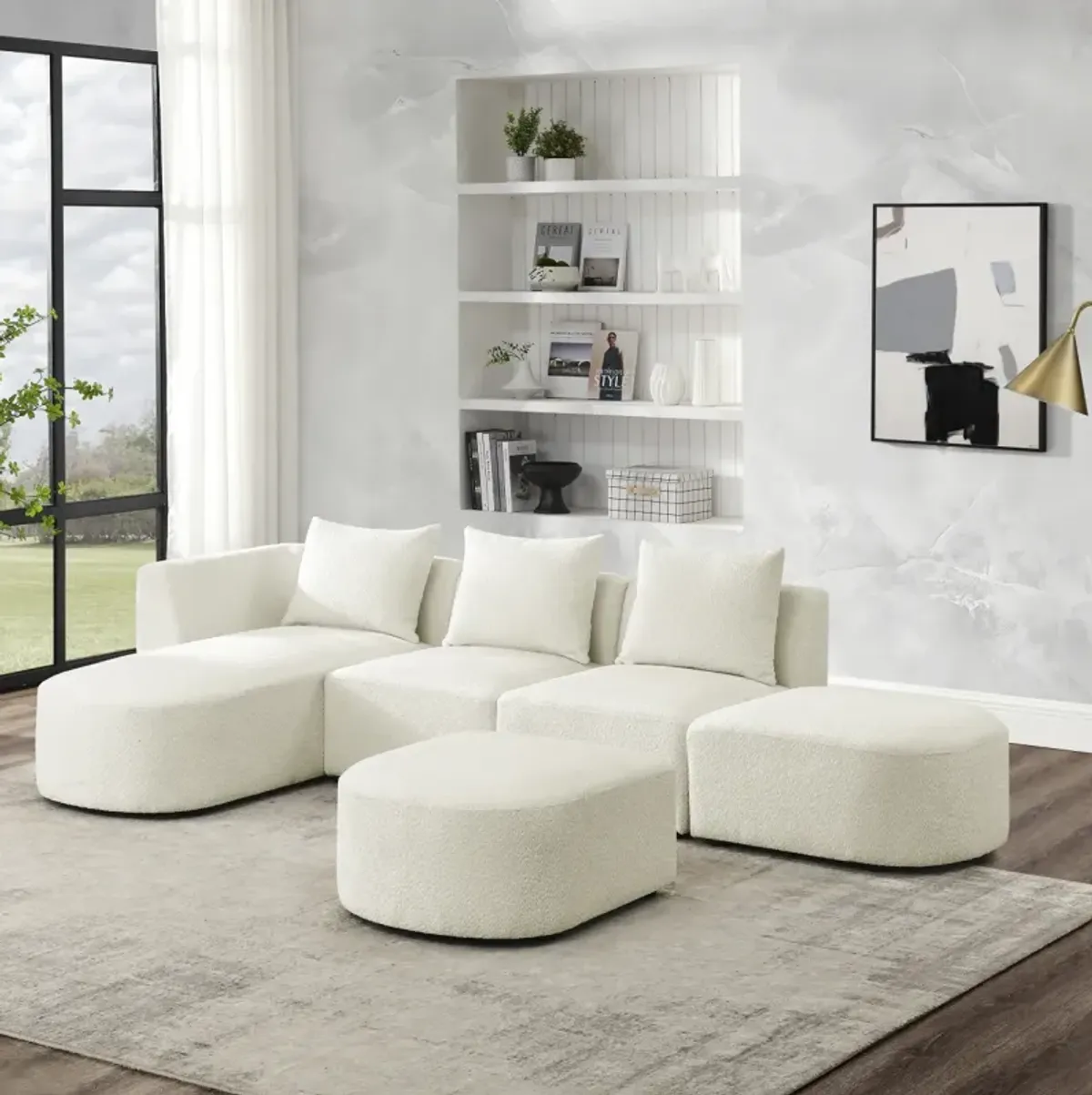 Modular L-Shaped Sofa with Chaise & Ottoman in Loop Yarn Fabric