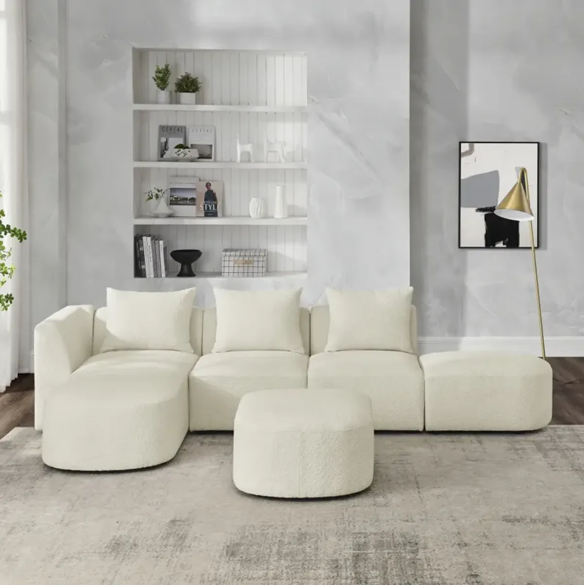 Modular L-Shaped Sofa with Chaise & Ottoman in Loop Yarn Fabric