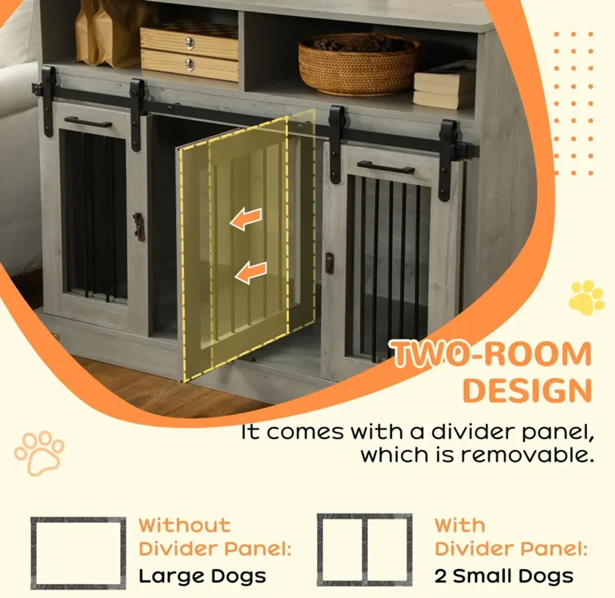 Gray Pet Furniture: Large Dog Crate with Shelves & Sliding Doors