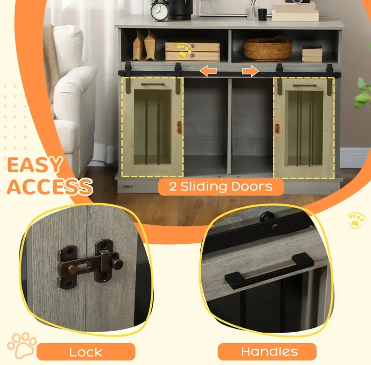 Gray Pet Furniture: Large Dog Crate with Shelves & Sliding Doors