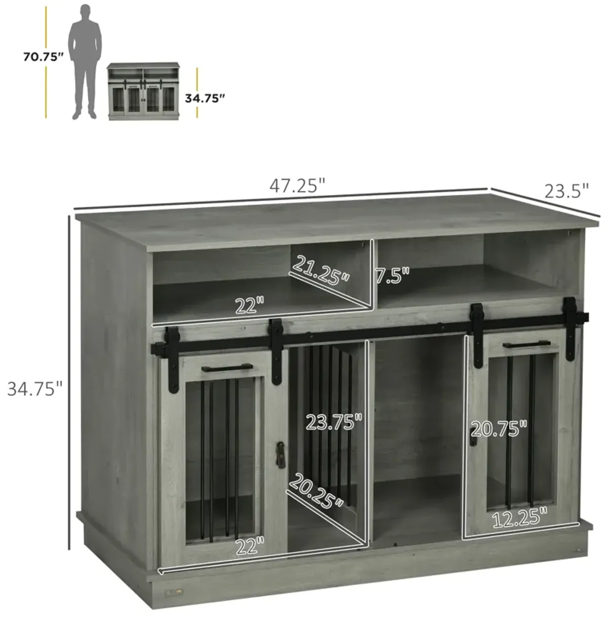 Gray Pet Furniture: Large Dog Crate with Shelves & Sliding Doors