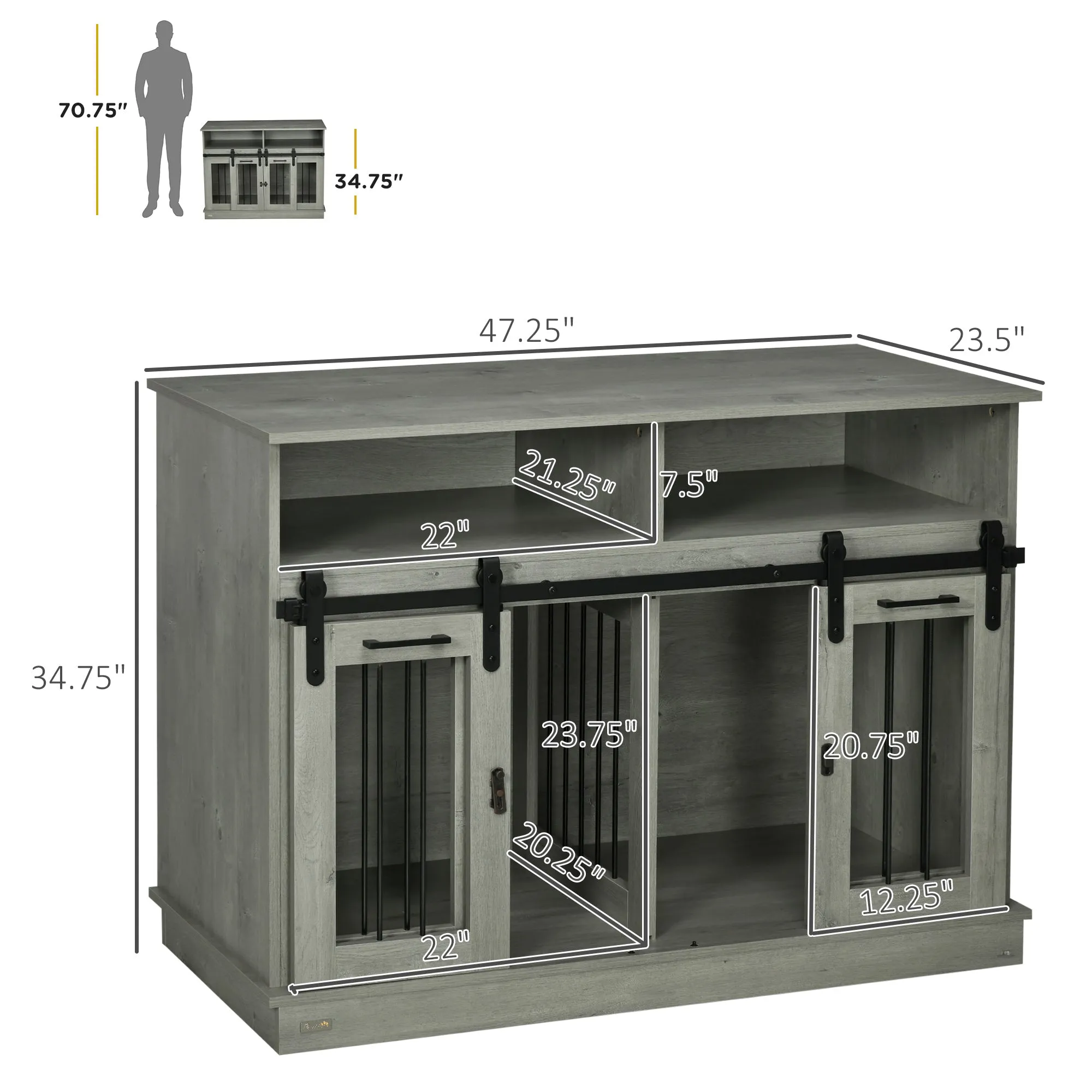 Gray Pet Furniture: Large Dog Crate with Shelves & Sliding Doors