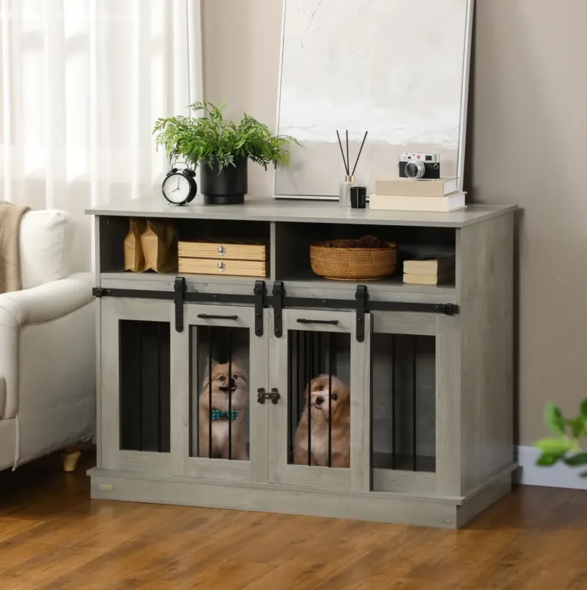 Gray Pet Furniture: Large Dog Crate with Shelves & Sliding Doors